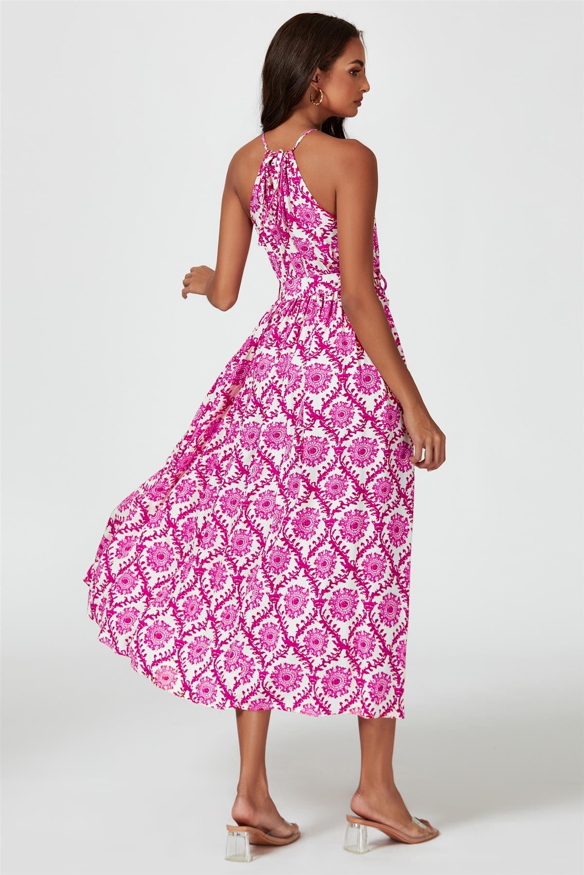 Floral Print Tie Halterneck Maxi Dress In Pink