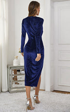 Star Night Sky Velvet Wrap Long Sleeve Midi Dress In Navy
