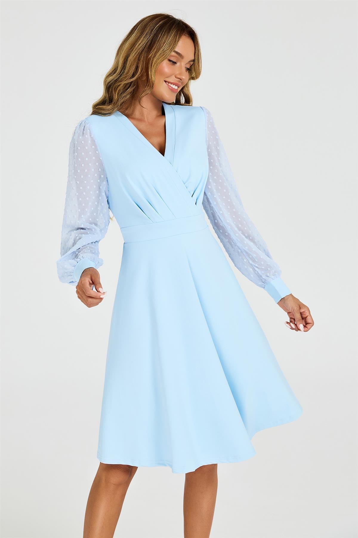 Long Sleeve Pleated Detail Midi Dress In Pale Blue