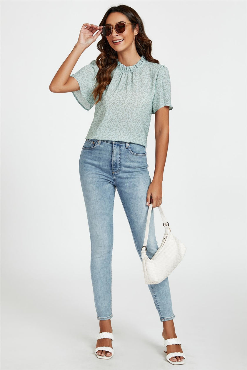 Grey Little Floral Print Angle Sleeve High Neck Top/Blouse In Blue