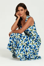 Blue Floral Print Heart Neck Midi Dress