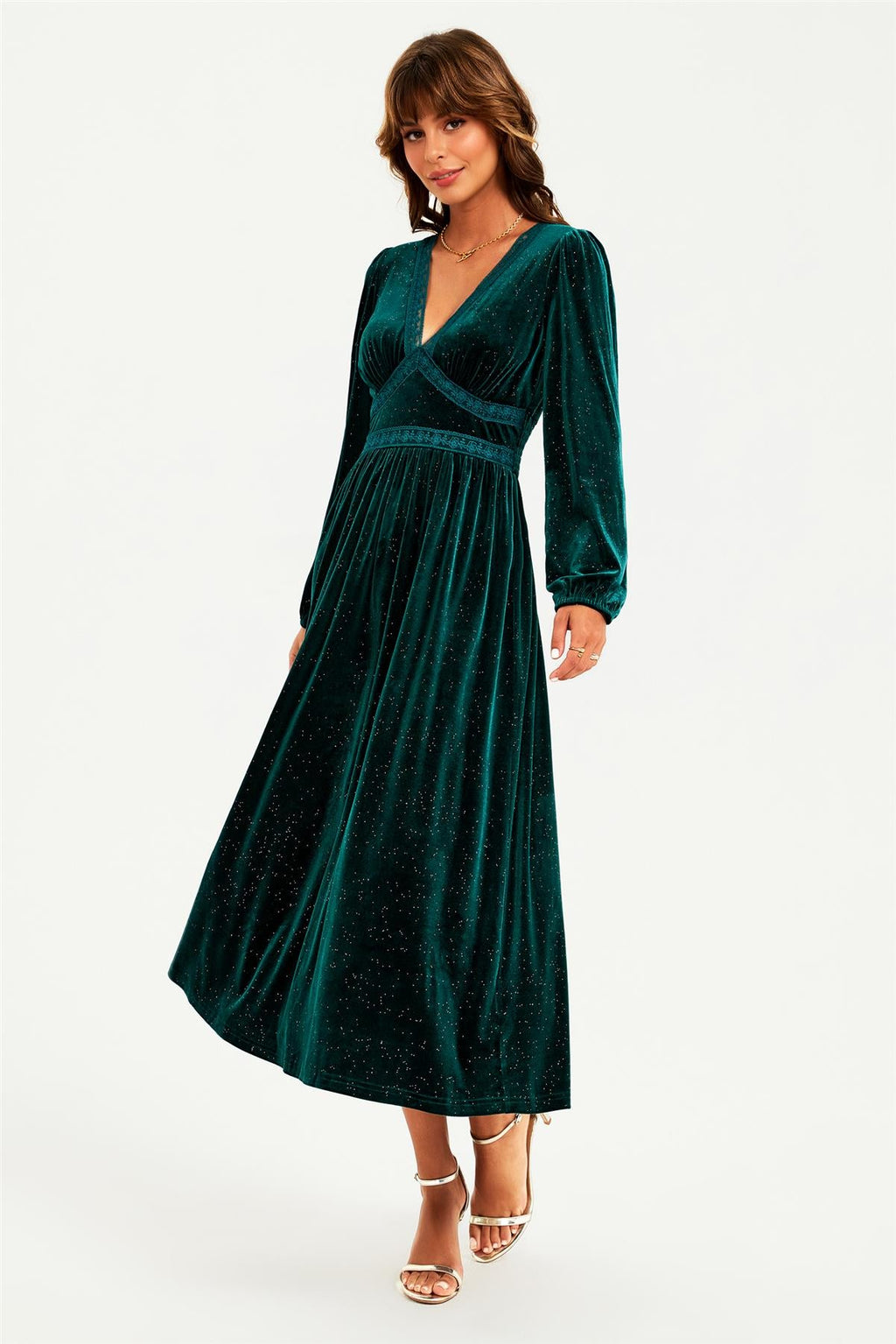 Silver Foil Velvet Lace Trim Neckline Midi Dress In Green