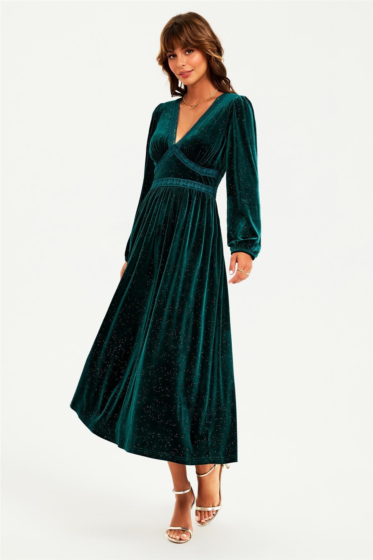 Silver Foil Velvet Lace Trim Neckline Midi Dress In Green