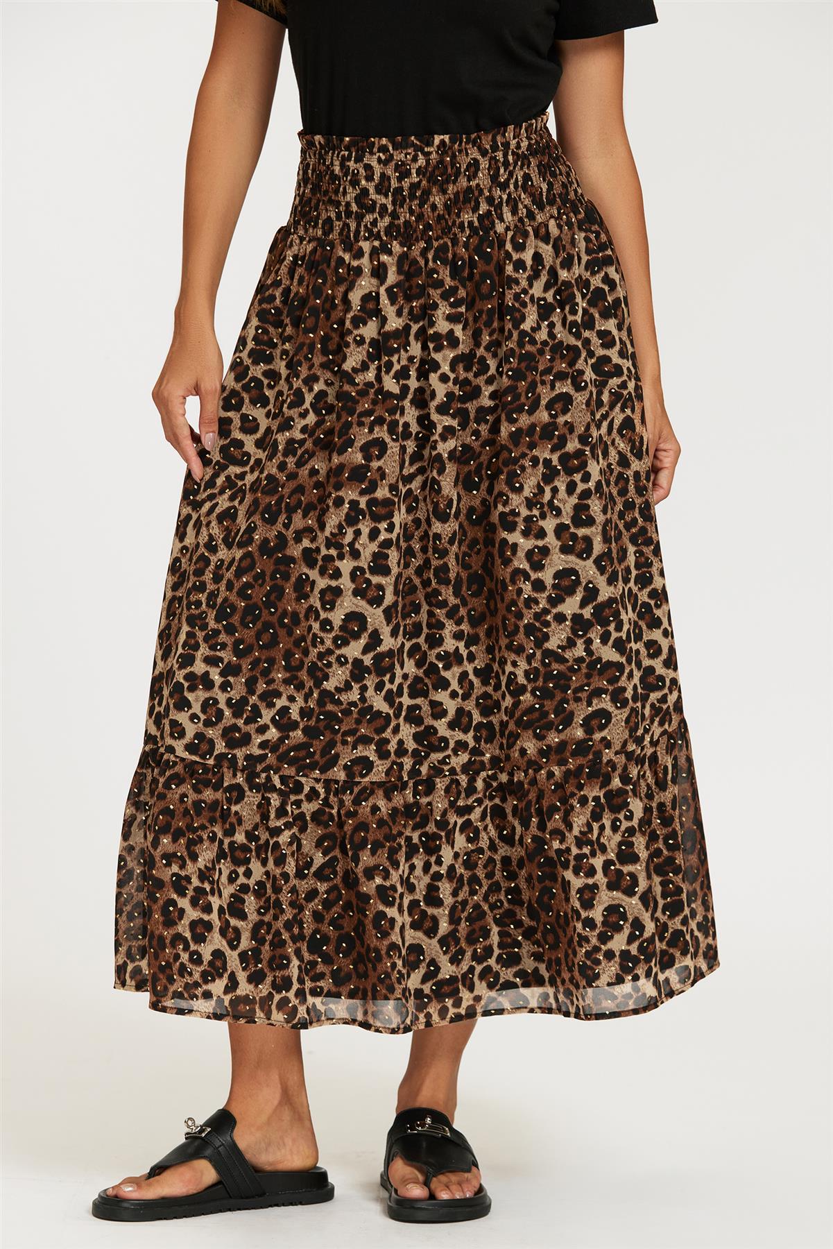 Gold Foil Leopard Print Midi Skirt In Brown