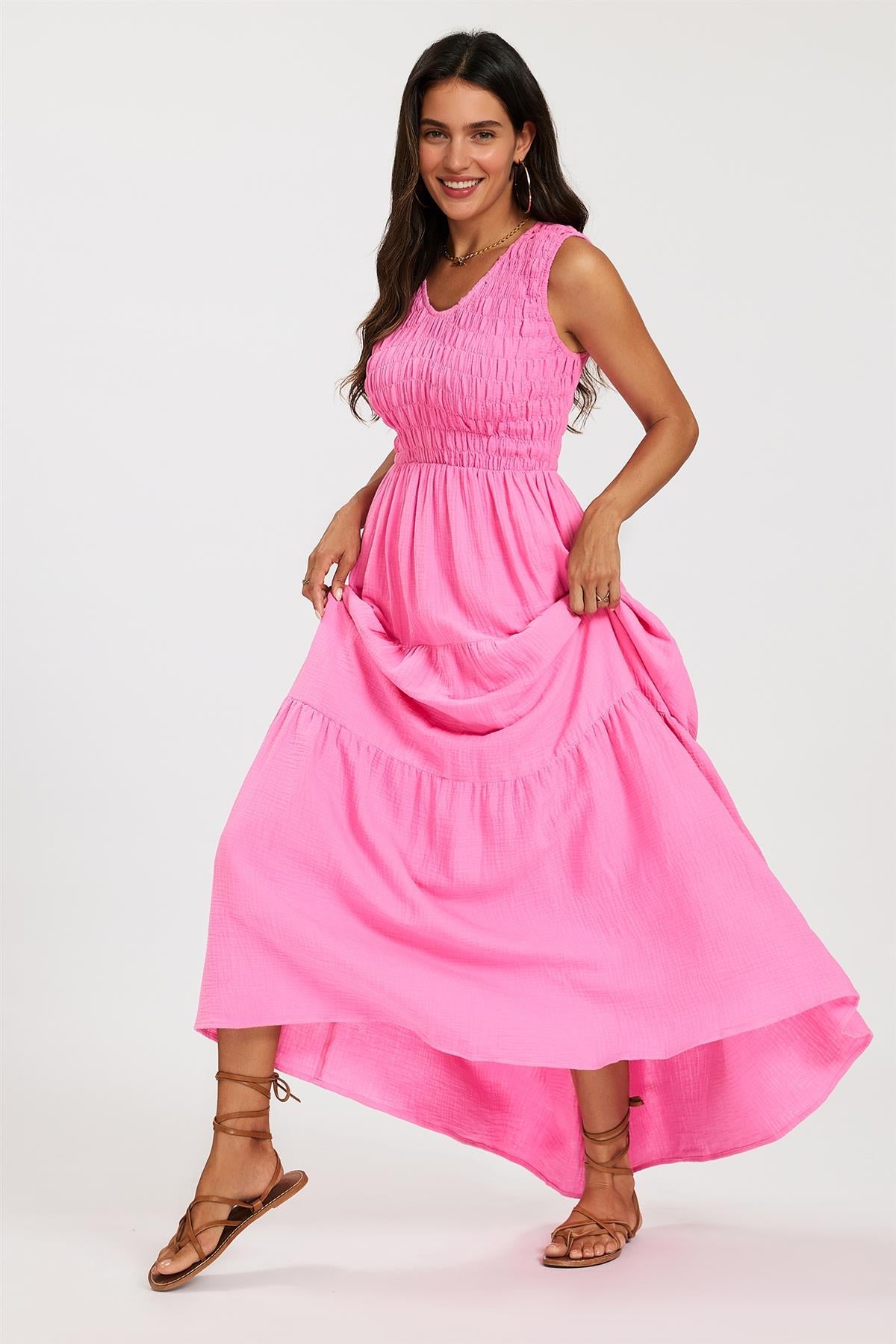 Shirred Tiered Maxi Dress with Sleeveless V-Neck