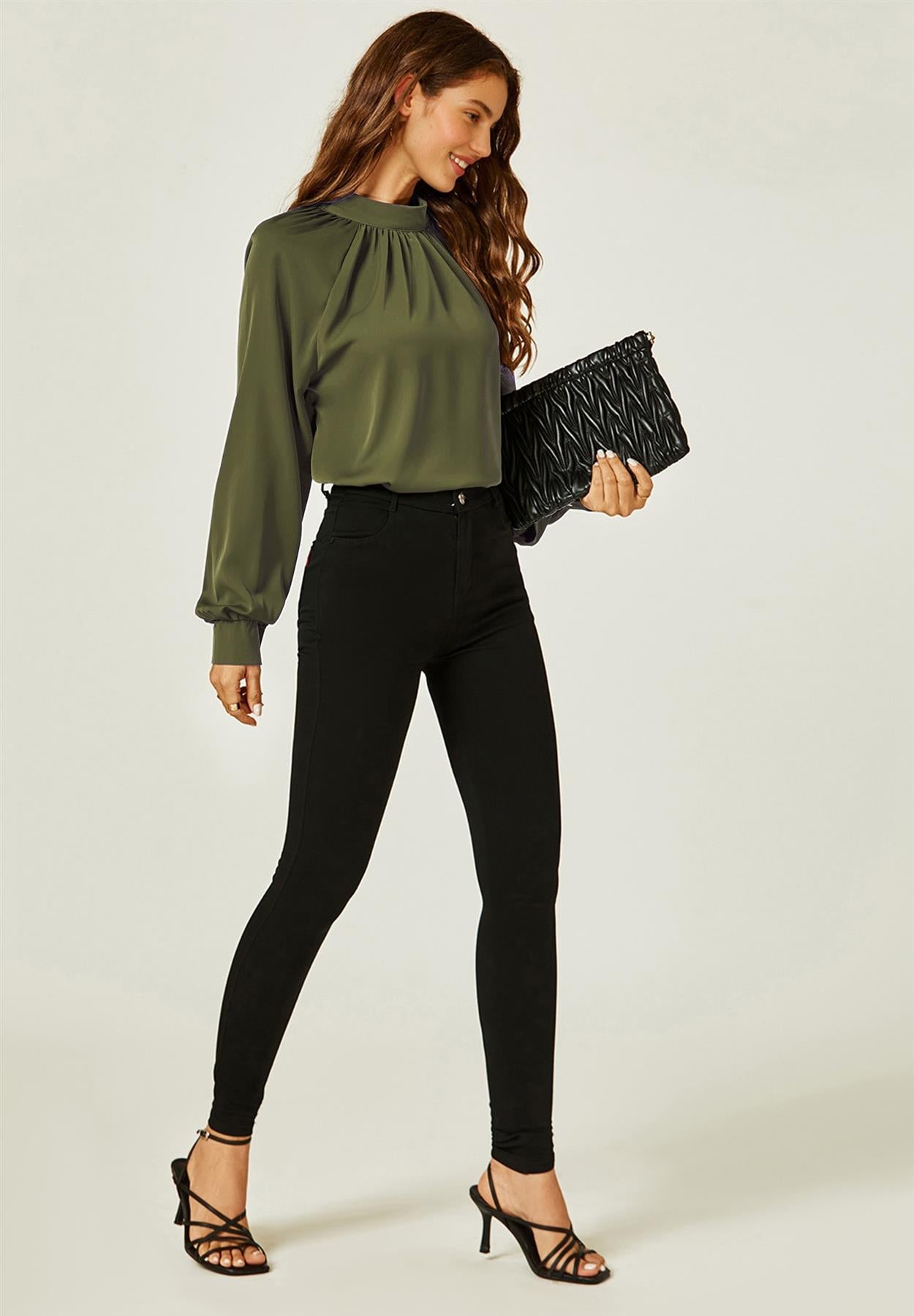 Halter Neck Blouse Top In Khaki Green