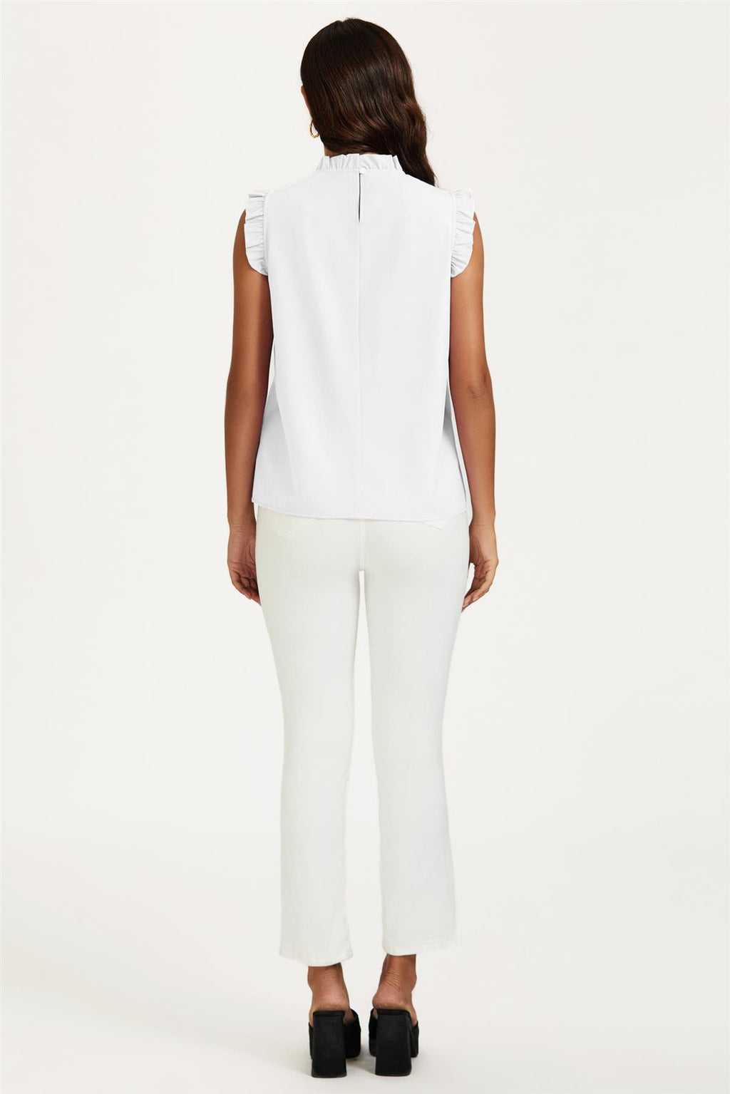 Frill Trim Sleeve Frill Neck Blouse Top In White