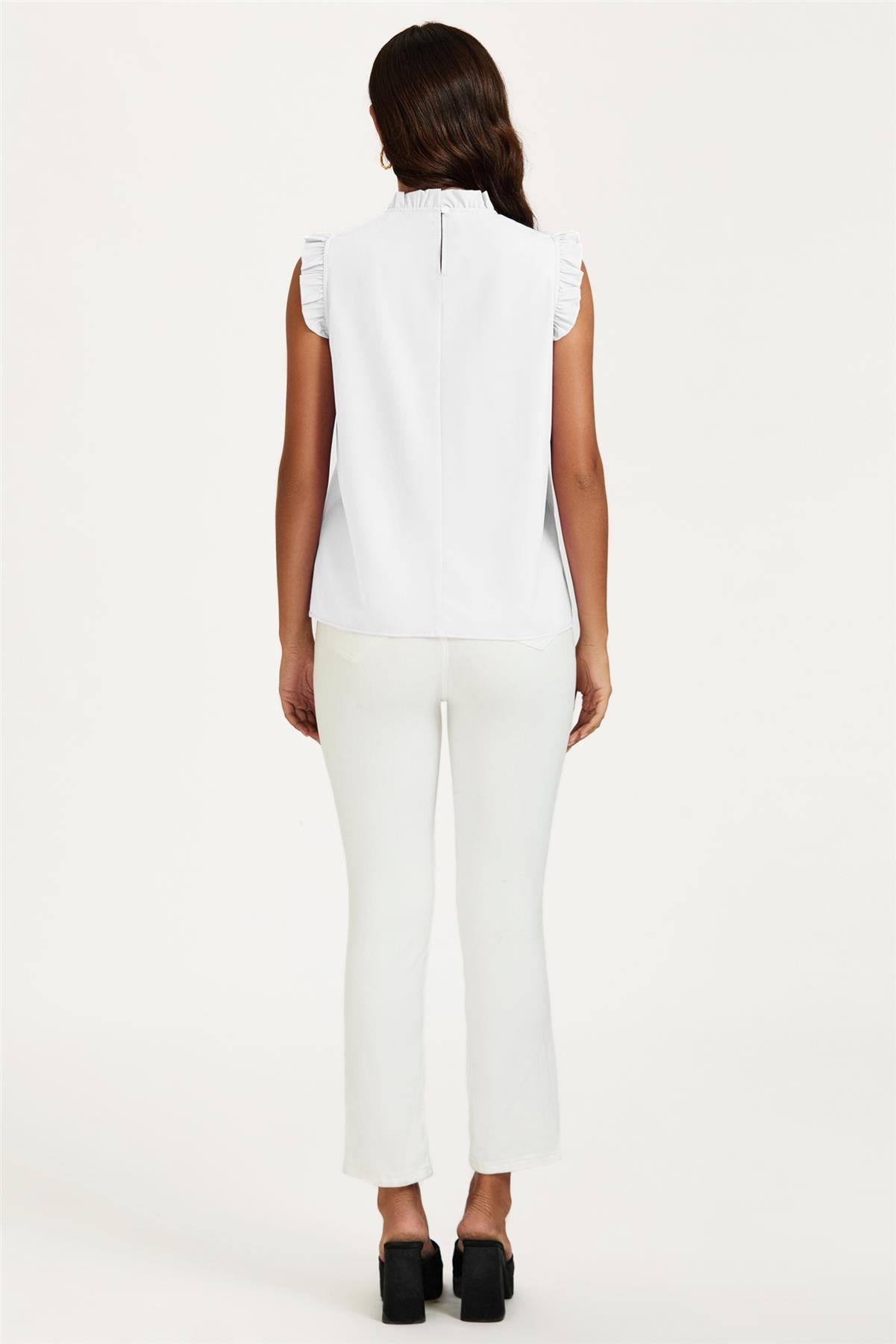 Frill Trim Sleeve Frill Neck Blouse Top In White