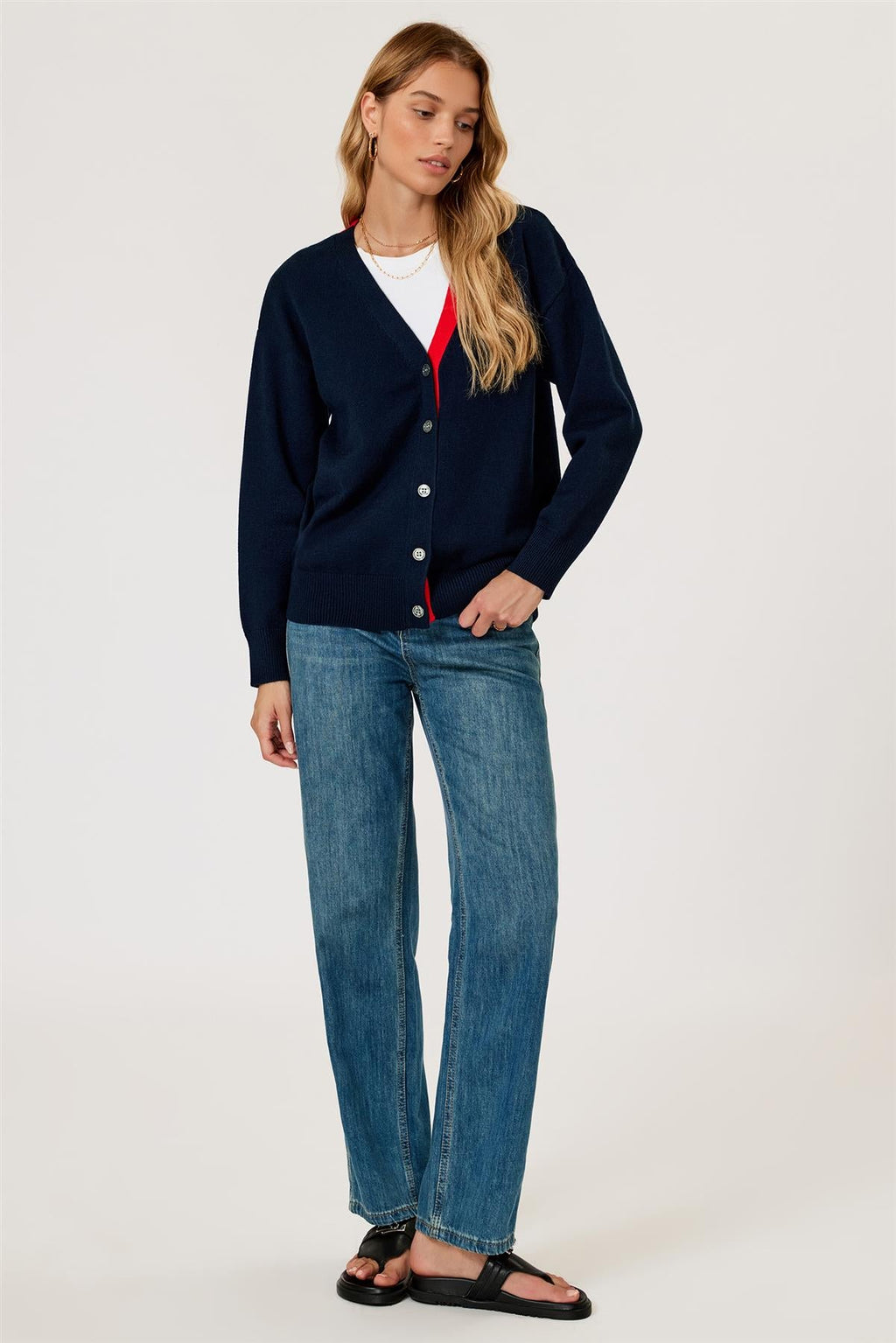 Little Heart Embroidery Stripe Trim Cardigan Top In Navy & Red