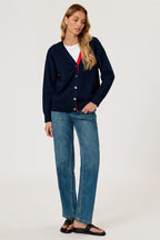 Little Heart Embroidery Stripe Trim Cardigan Top In Navy & Red
