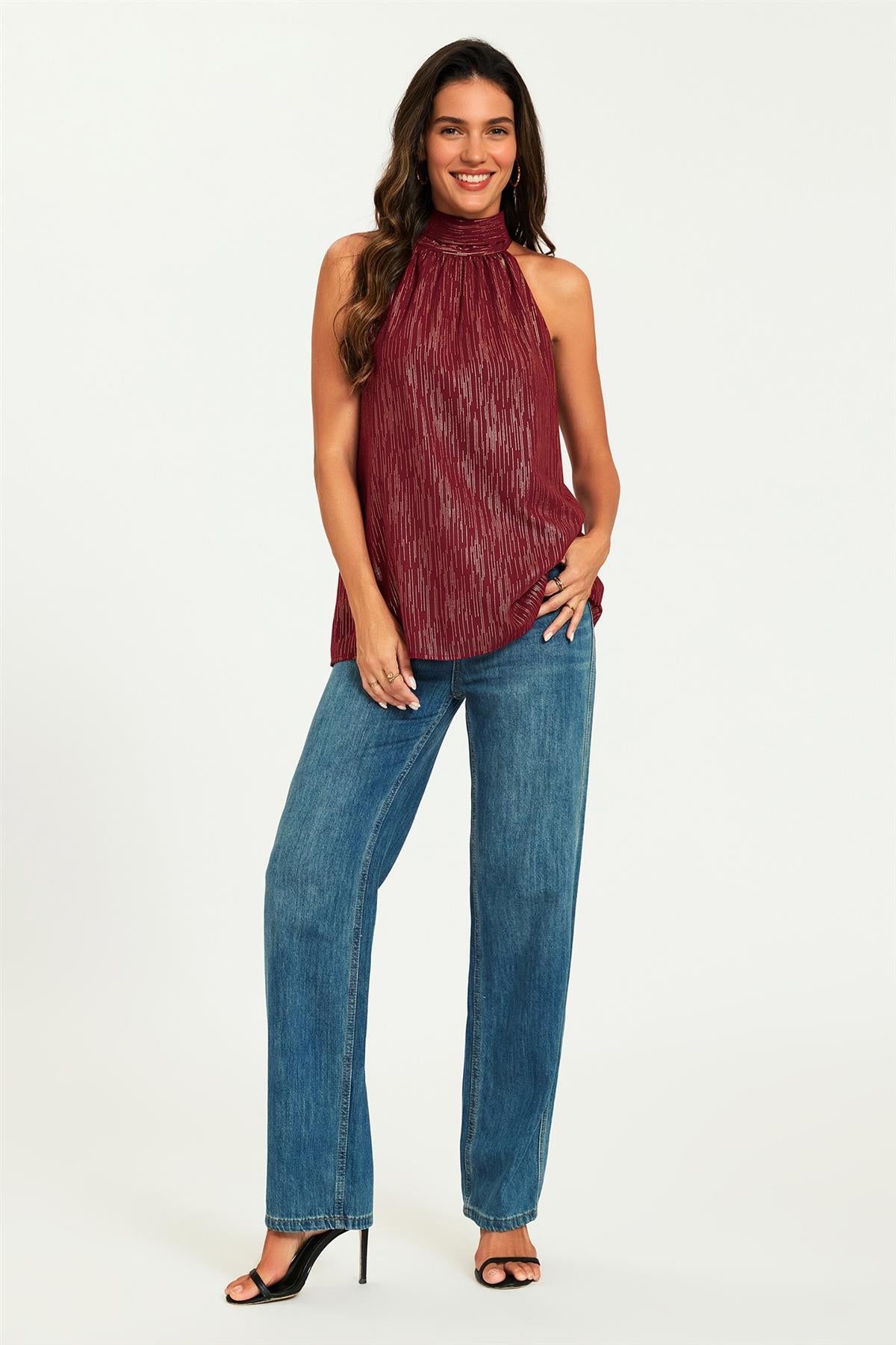 Gold Stripe Foil Halter Neck Tie Back Top In Wine