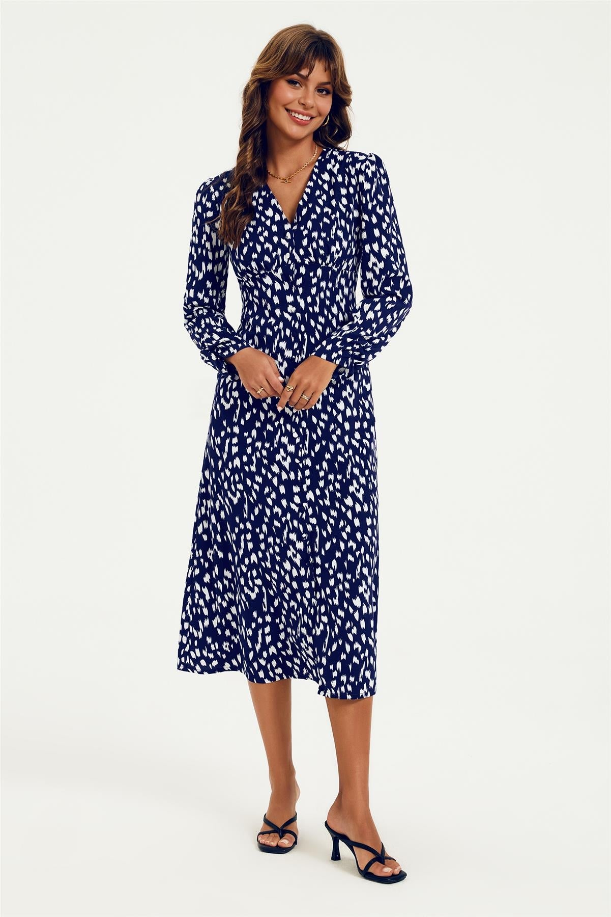 Brushstroke Print Long Sleeve Button Front Midi Dress In Navy