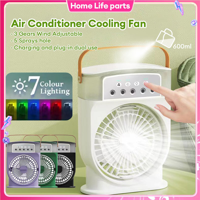 Ventilador de refrigeración portátil USB con 5 rociadores, luz de 7 colores, tanque de agua de 600 ml, humidificador enfriador de aire con rocío.