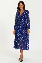 Lace Trim Foil Long Sleeve Maxi Dress In Royal Blue