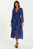 Lace Trim Foil Long Sleeve Maxi Dress In Royal Blue