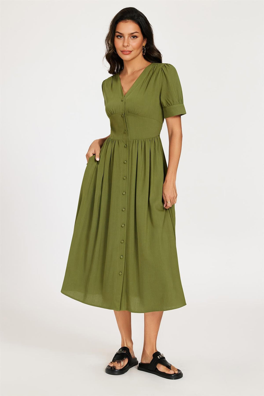 Button Front Short Sleeve Midi Dress In Khaki Green