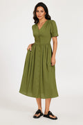 Button Front Short Sleeve Midi Dress In Khaki Green
