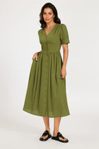 Button Front Short Sleeve Midi Dress In Khaki Green