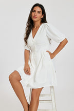 Puff Sleeve Button Down Mini Dress In White