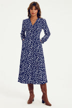 Brushstroke Print Long Sleeve Button Front Midi Dress In Navy