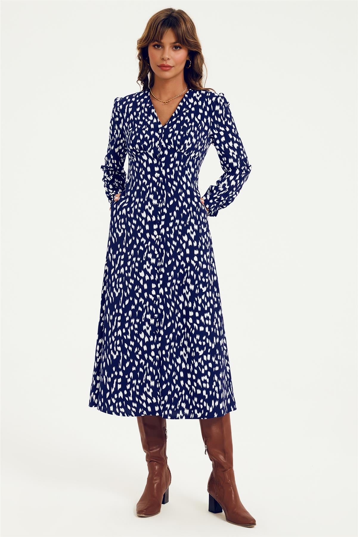 Brushstroke Print Long Sleeve Button Front Midi Dress In Navy