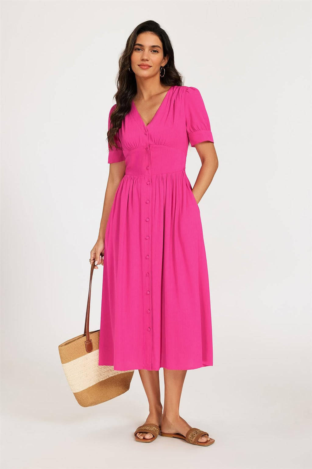 Button Front Short Sleeve Midi Dress In Hot Pink