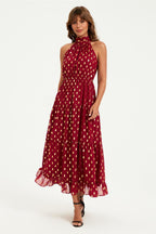 Gold Foil Halter Neck Tie Back Midi Dress In Wine