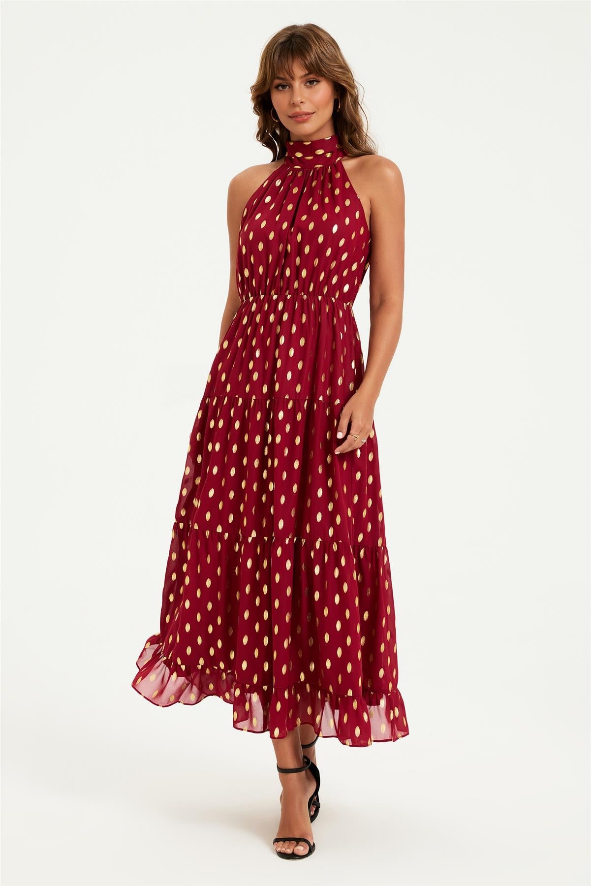 Gold Foil Halter Neck Tie Back Midi Dress In Wine