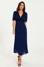 Polka Dot Jacquard Lace Trim Midi Dress In Navy
