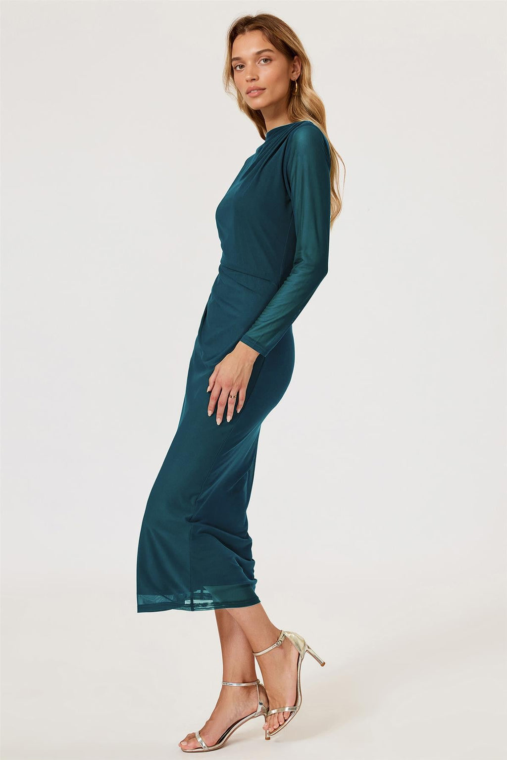 Long Sleeves Mesh Midi Dress In Teal