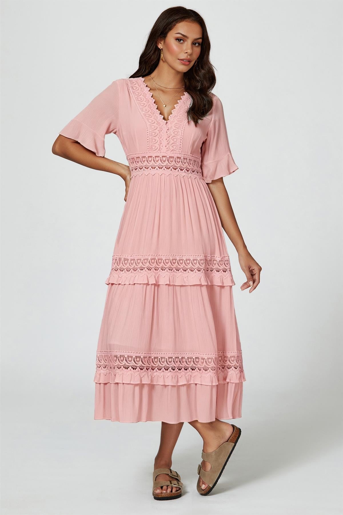 V Neck Lace Detail Midi Dress In Rose Nude