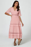 V Neck Lace Detail Midi Dress In Rose Nude