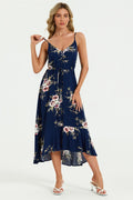 Floral Print Button Down High Low Strappy Dress In Navy