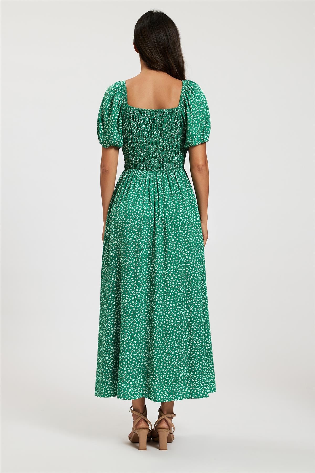 Floral Print Short Sleeve Midi Dress In Green