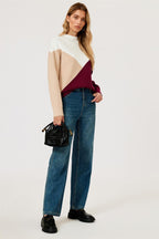 Colour Block Jumper Top In Camel & Wine & White