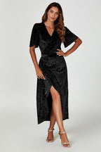 Gold Foil Velvet Wrap Maxi Dress In Black