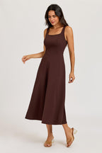 Square Neck Sleeveless Fit & Flare Midi Dress In Espresso