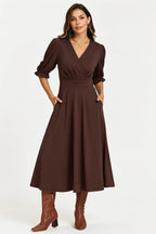 Half Sleeves Jersey Midi Dress with Wrap Neckline In Chocolate