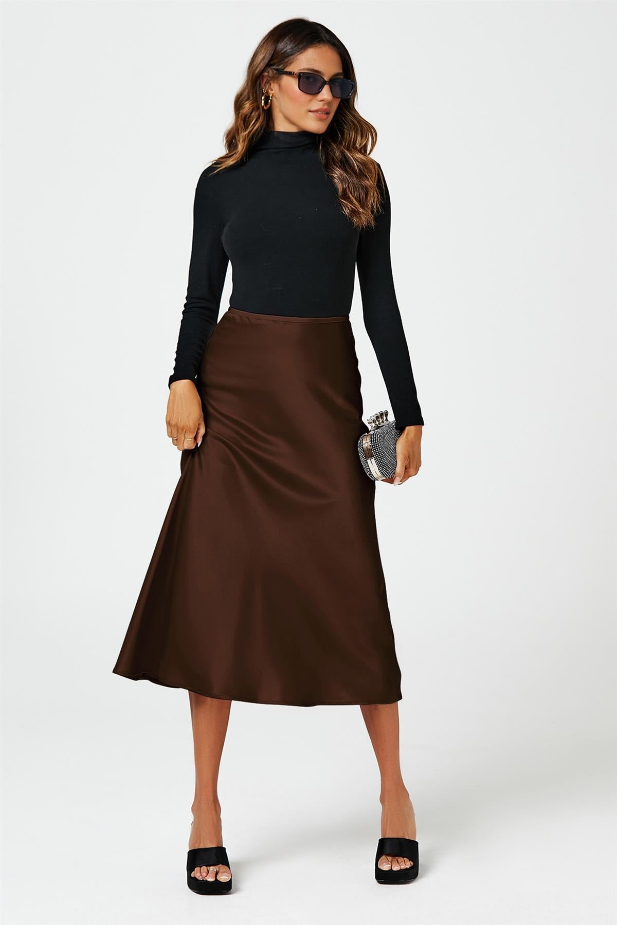 Brown Satin Midi Skirt