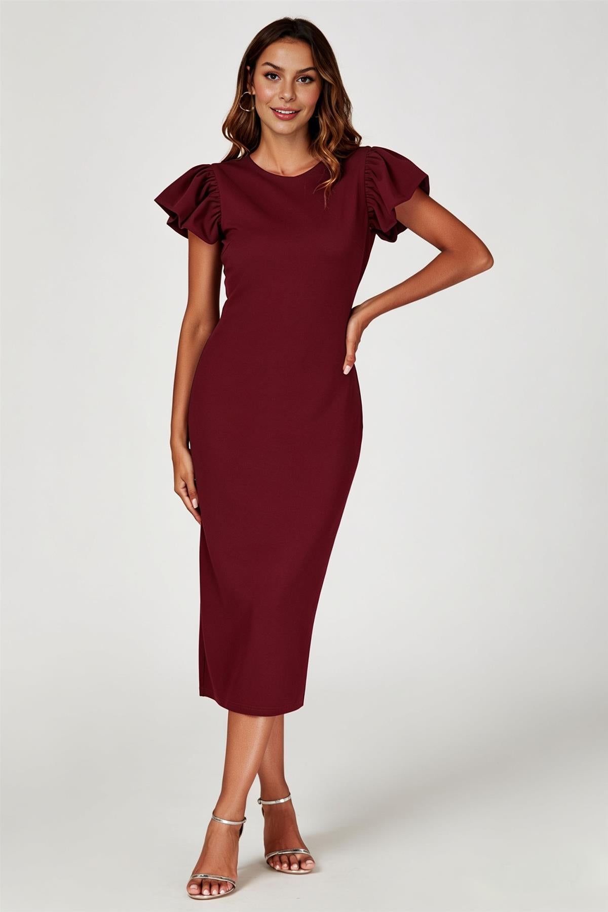 Volume Sleeve Bodycon Midi Dress In Burgundy
