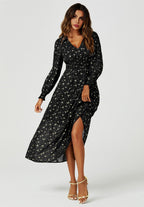 Gold Star Foil Long Sleeve Maxi Dress In Black