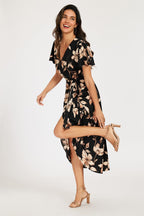 Black & Brown Floral Print Wrap Maxi Dress