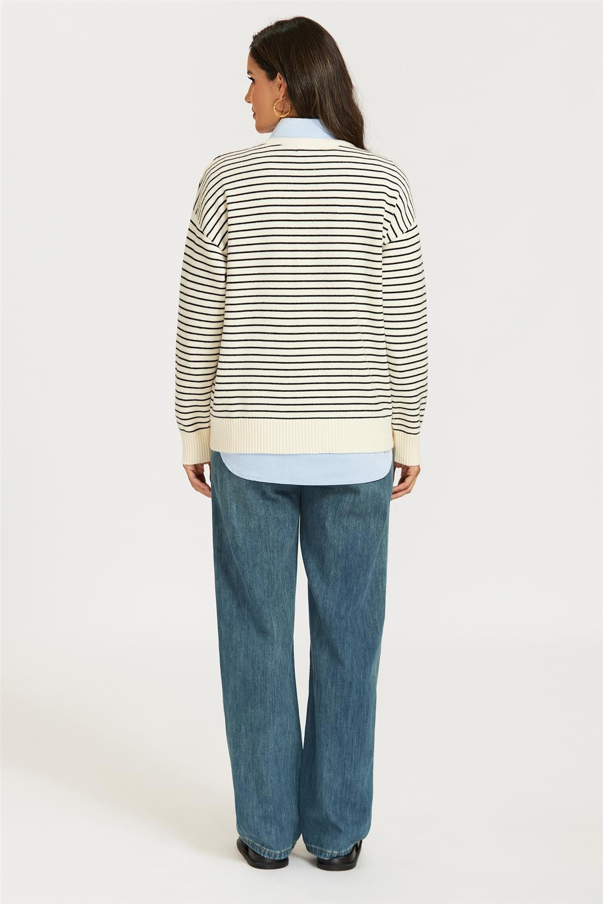 Little Heart Embroidery Stripe Pattern Jumper Top In White