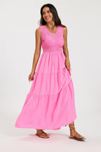 Shirred Tiered Maxi Dress with Sleeveless V-Neck