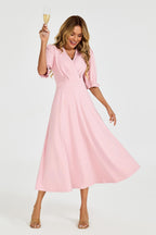 Half Sleeves Jersey Midi Dress with Wrap Neckline In Dusty Blush