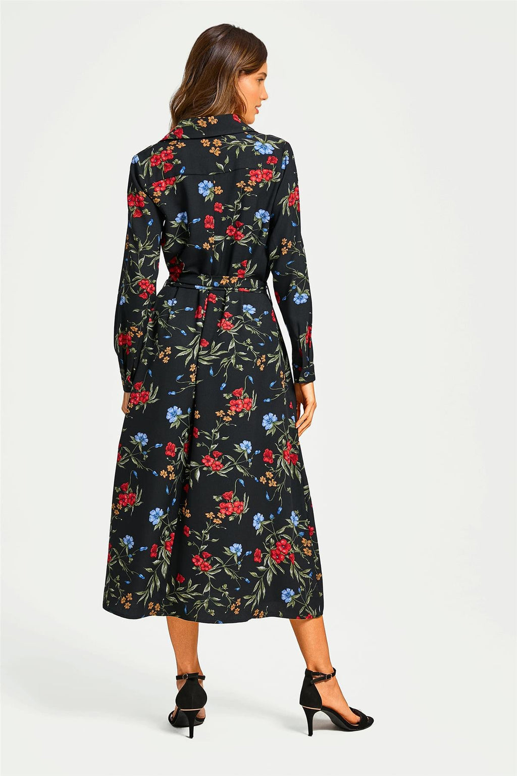 Black Floral Print Shirt Midi Dress With Tie Waist + Gold Stretch Leaf Belt