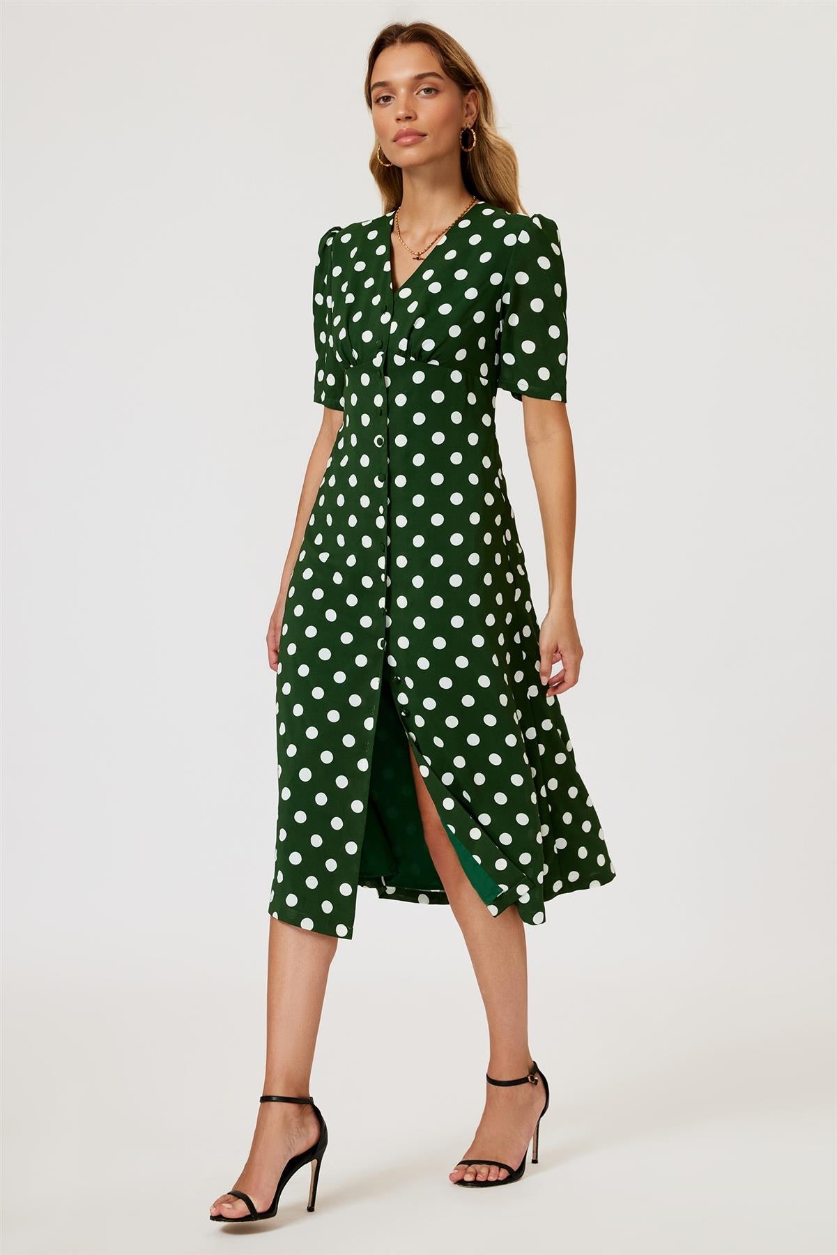 Polka Dot Print Button Front Midi Dress In Green