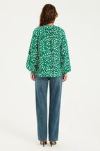 Brushstroke Print long sleeve Blouse Top In Green
