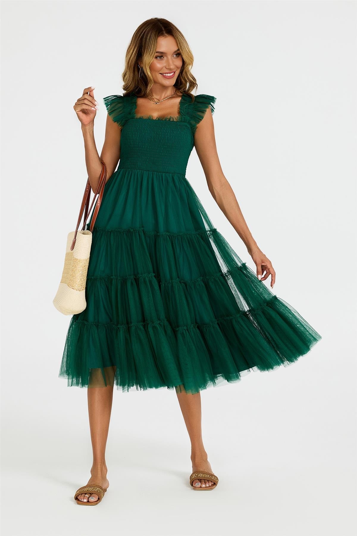Sleeveless Smocked Ruffle Tulle Dress In Forest Green