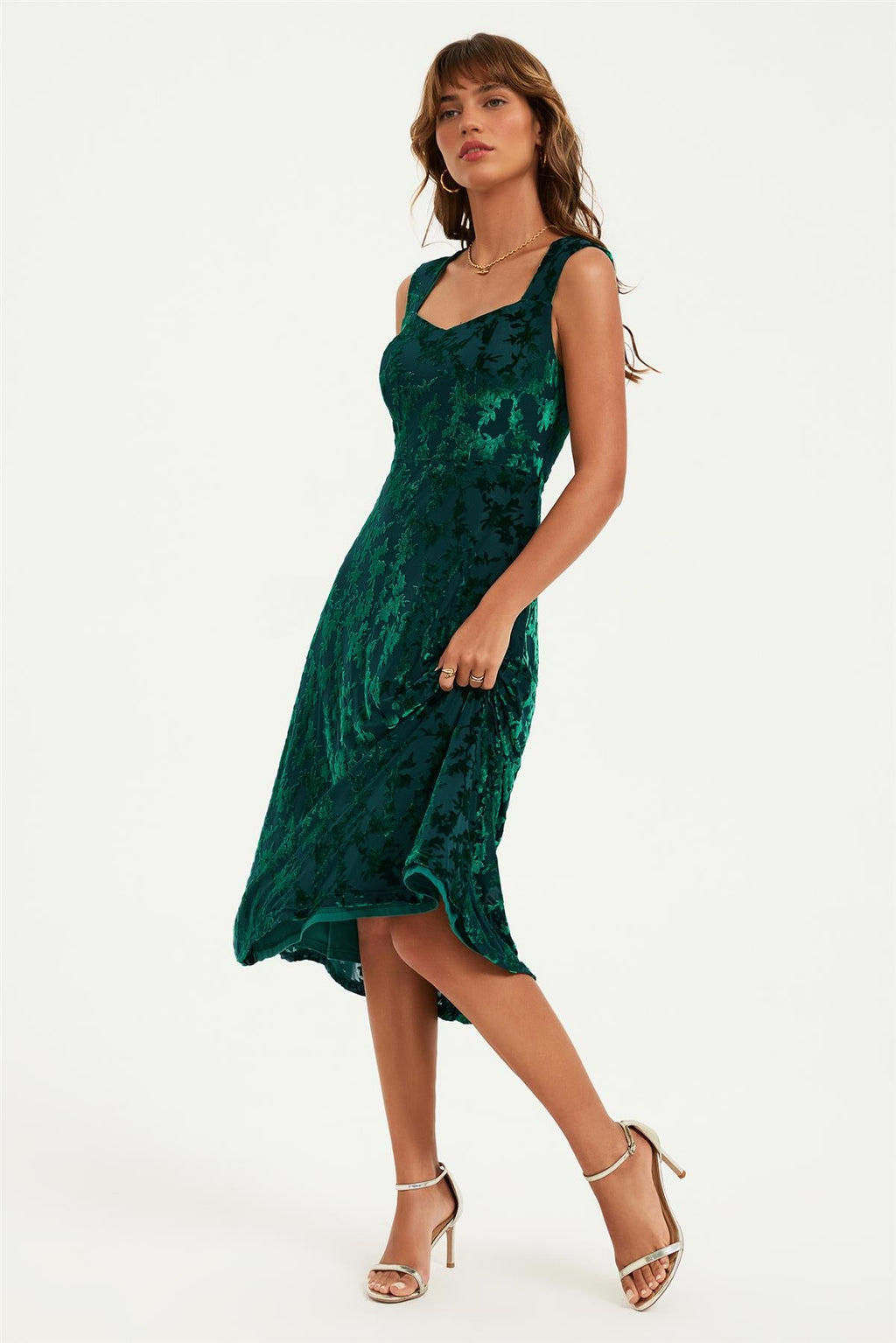 Floral Velvet Devore Sweetheart Neck Midi Dress In Green